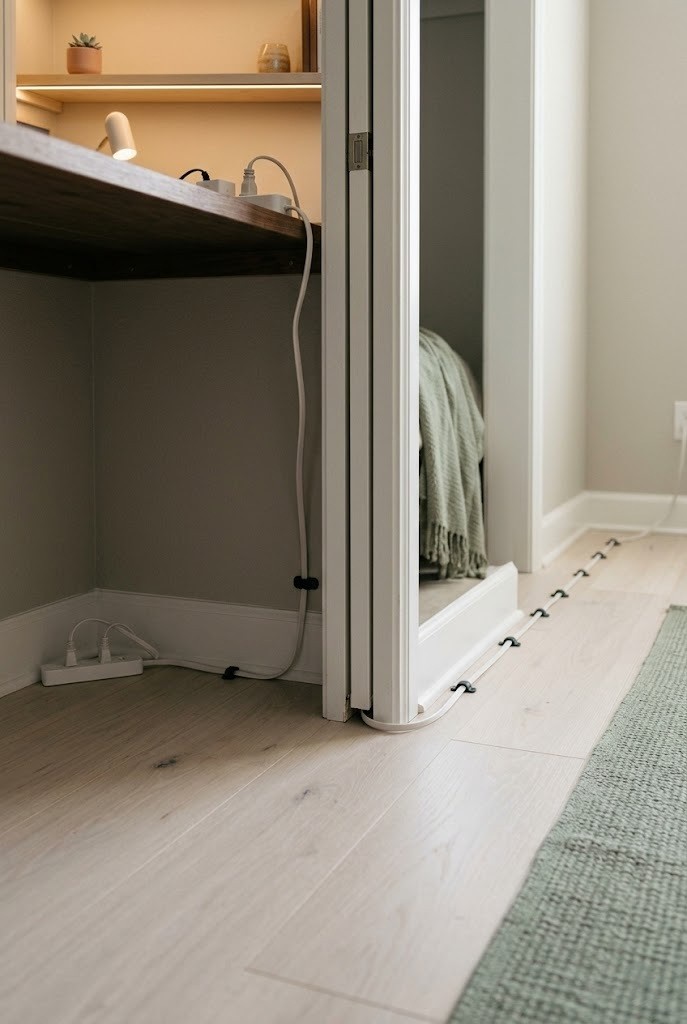 Flat extension cord under a closet door powering a renter closet office