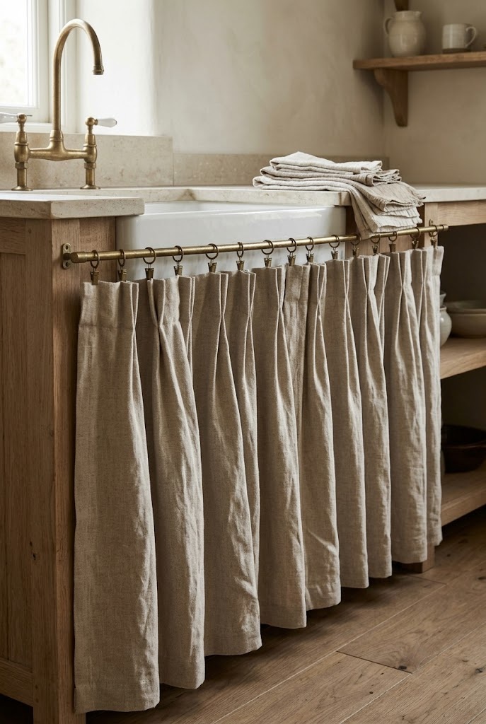 Flax linen cabinet skirt with pinched pleats hanging from brass clip rings in a pale kitchen