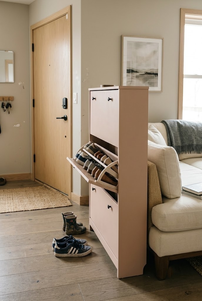 Flip-front shoe cabinet twelve inches deep set against a sofa back near the door