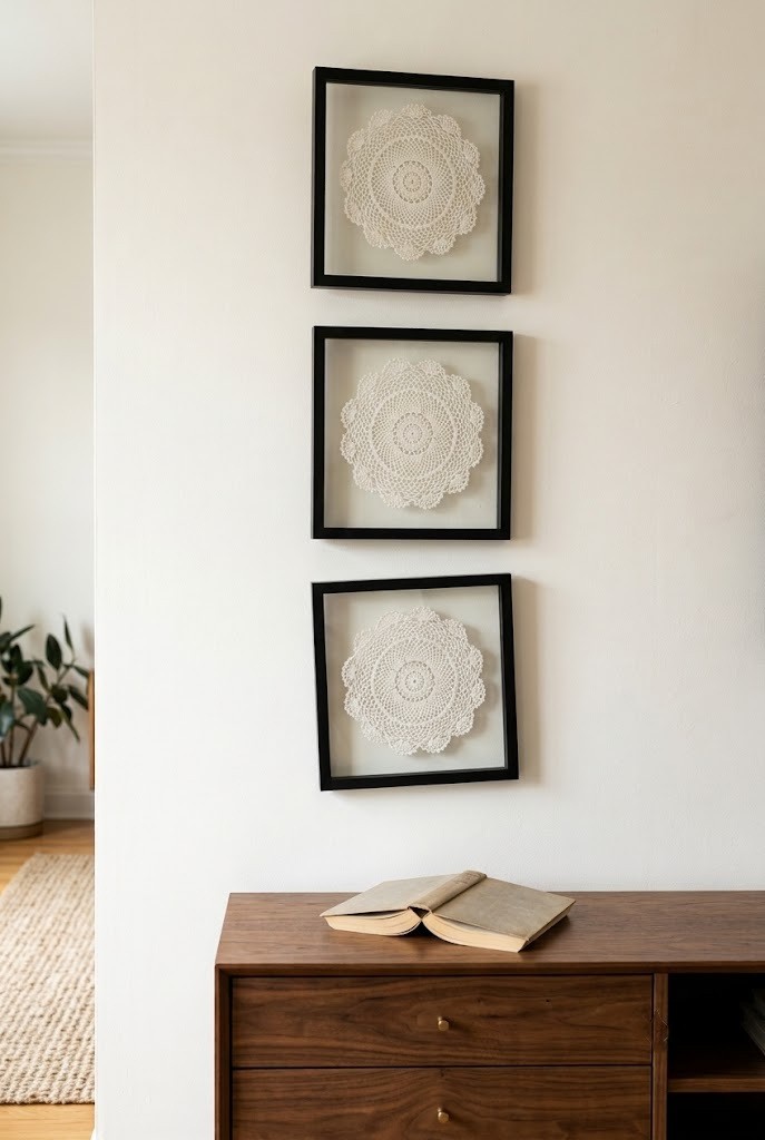 Modern doily decor idea: three white crochet doilies in black float frames above a walnut console
