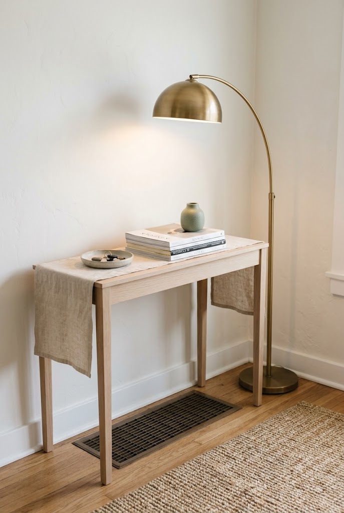 Slim floated console clearing a corner vent with a floor lamp overhead