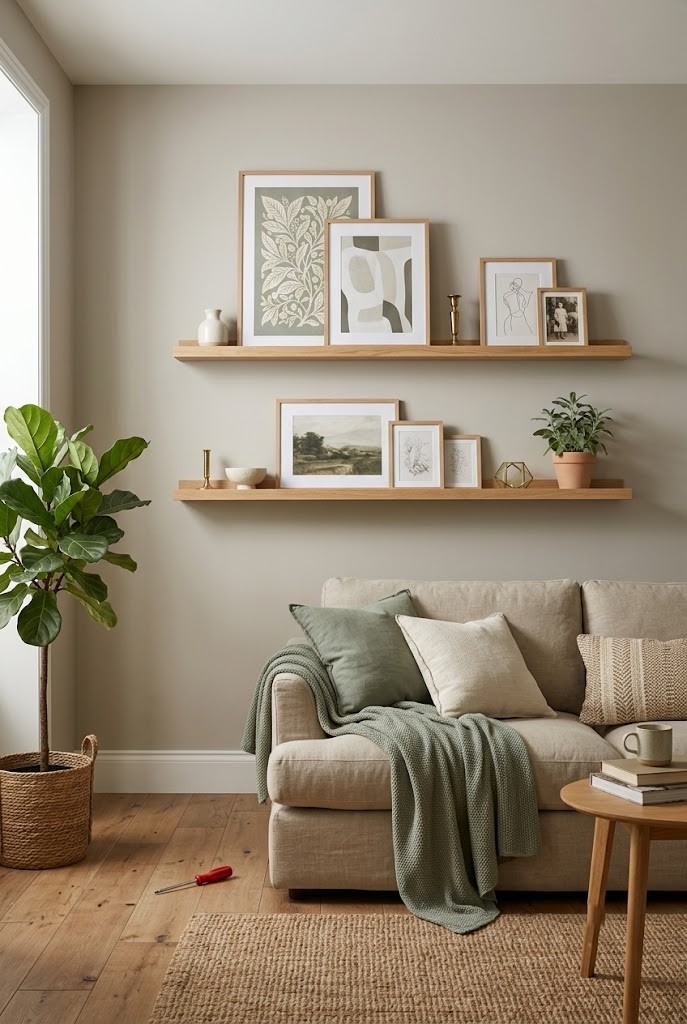 Floating oak picture ledges holding leaning art and plants on a greige living room wall