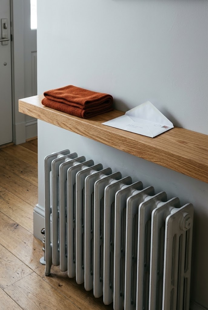Floating oak shelf mounted above a radiator in a small living room entry