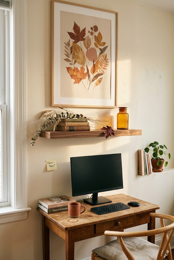 Floating wood shelf above a small desk styled with books, dried stems, and an amber jar