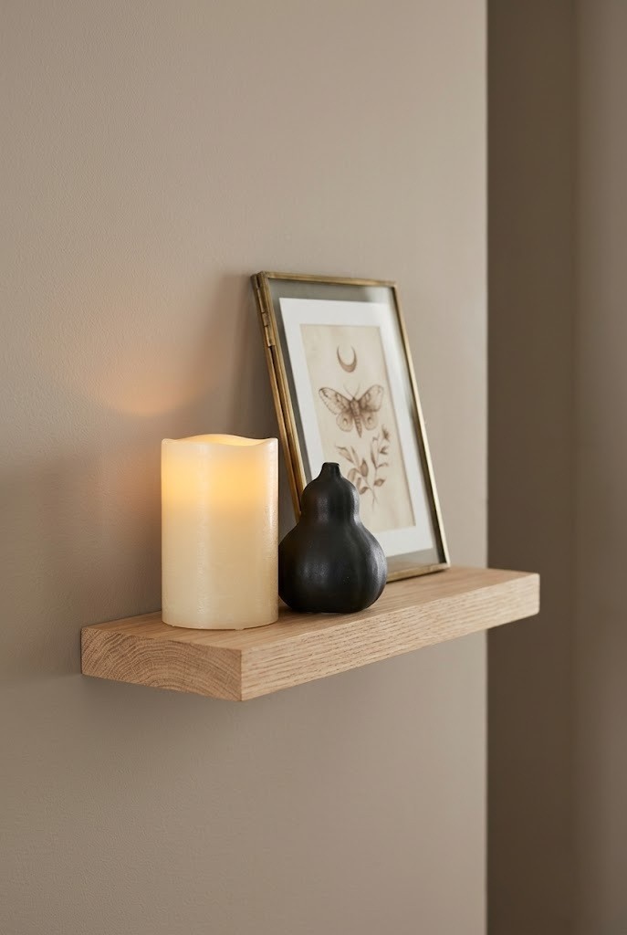 Small floating shelf vignette with battery candle and gourd on an apartment entry wall, no-drill Halloween