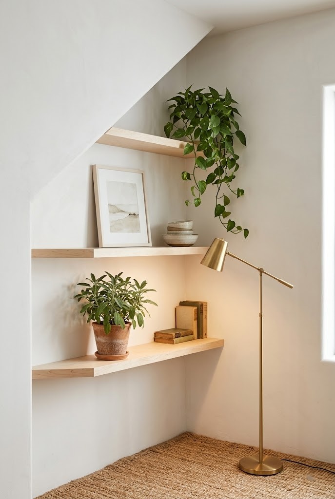 Floating shelves on an angled corner wall lit by a slim floor lamp