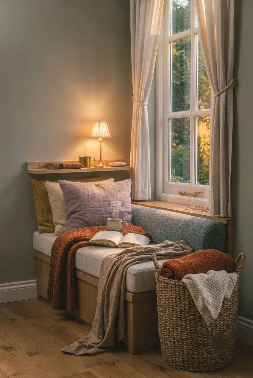 Tall woven floor basket beside a window seat storing folded fall throws