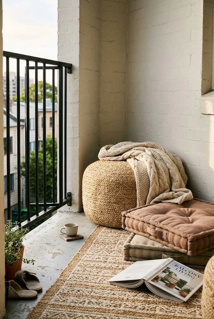 Low floor cushion nook with a woven pouf and knit throw on a small balcony