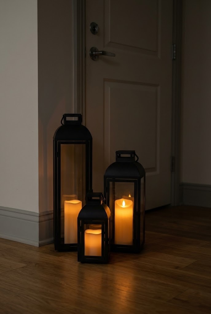 Cluster of flameless floor lanterns at staggered heights by an apartment entry door for Halloween