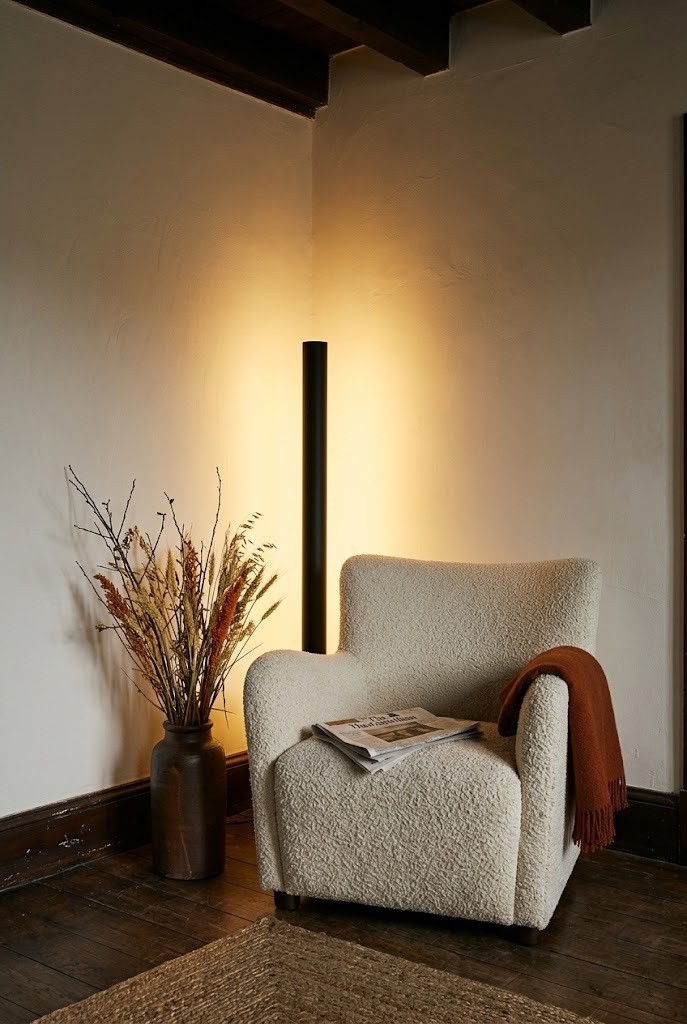 Floor uplight behind an armchair washing warm light up an apartment wall