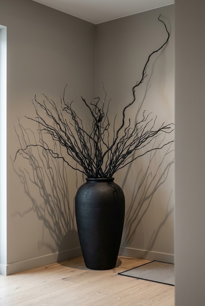 Tall floor urn with faux black branches in an apartment entry corner for a renter-friendly Halloween look