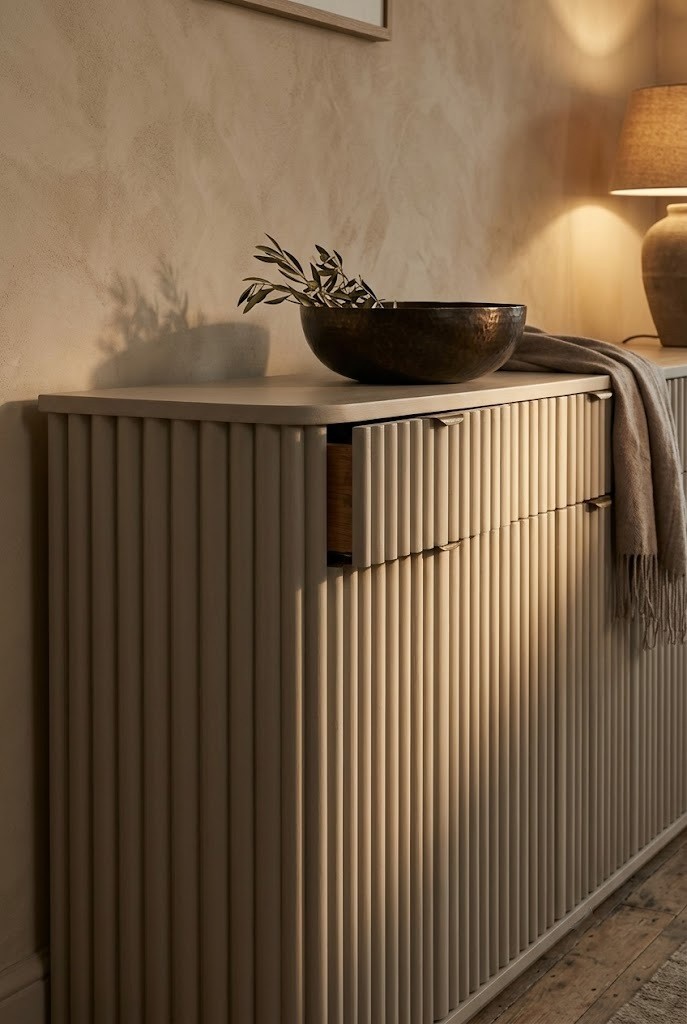 Fluted console table made from half-round moulding against a limewashed wall