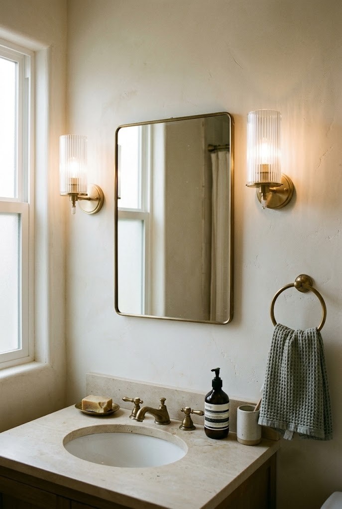 Fluted glass sconces beside a bathroom mirror, a neo deco decor idea on a budget