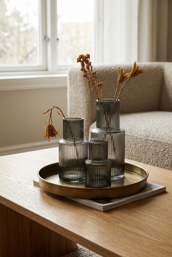 Three fluted glass vases in stepped heights on a brass tray on an oak table