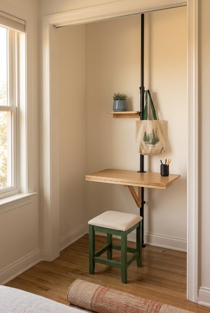 Fold-down desk clamped to a tension pole in a shallow rental closet