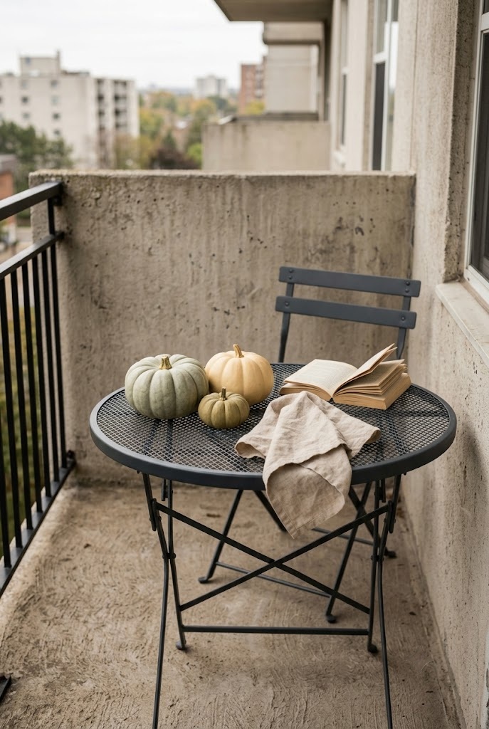 Folding bistro table with three small heirloom pumpkins on a narrow balcony