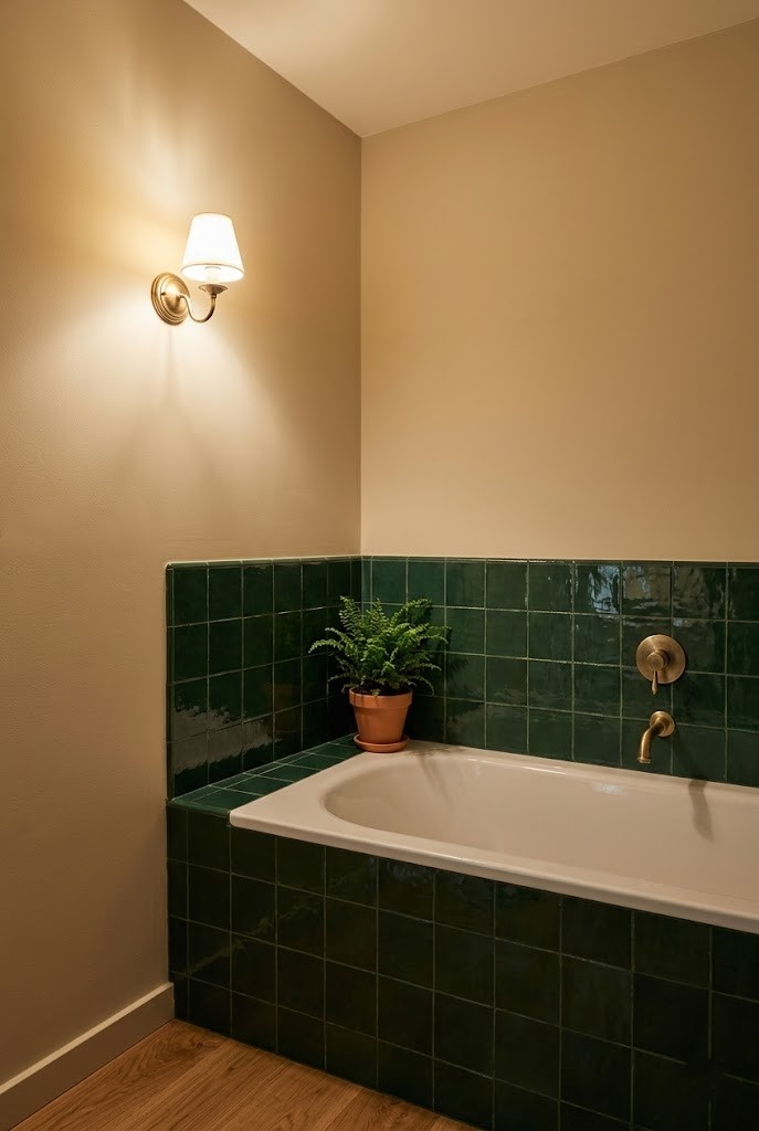 White tub set into a deep forest green tiled alcove surround