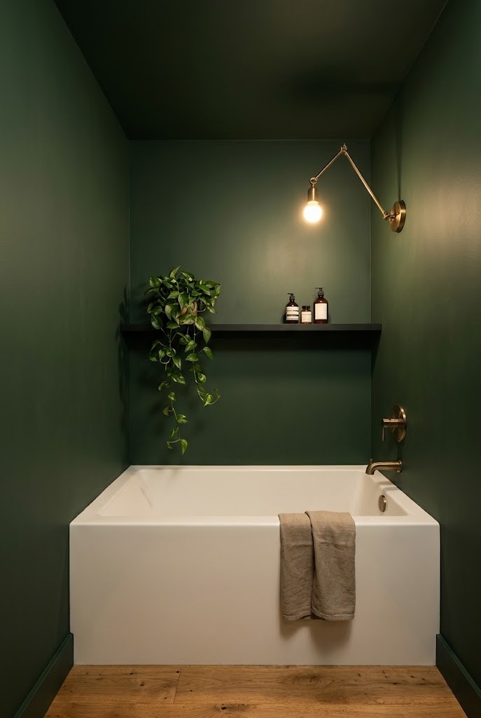 Deep forest green drenched small bathroom with a white alcove tub