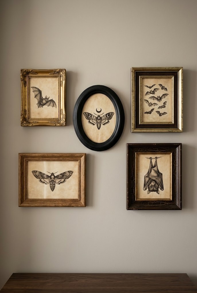Gallery wall of thrifted frames with Halloween prints hung on adhesive strips in an apartment entryway