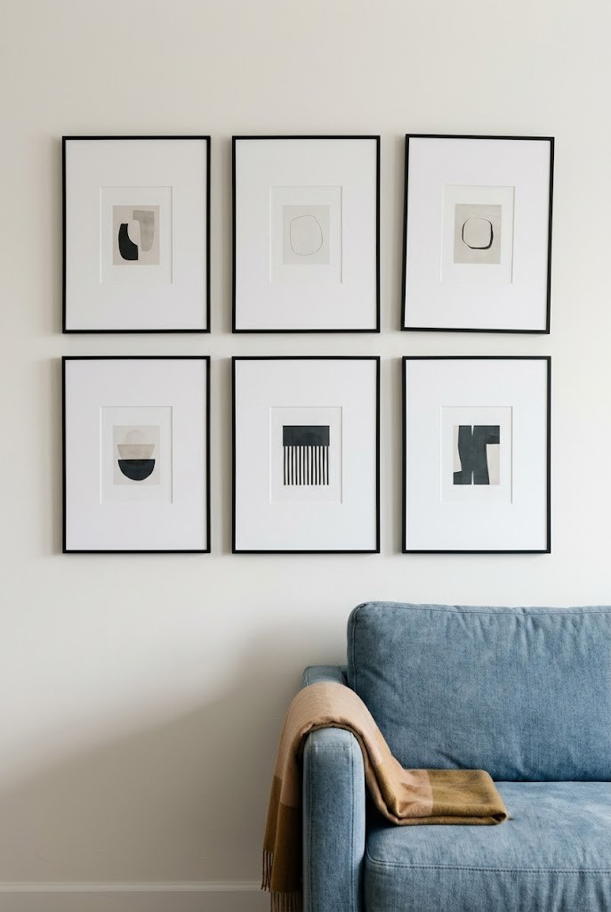 Grid of framed prints stopping at the sofa arm line to mark an entry zone