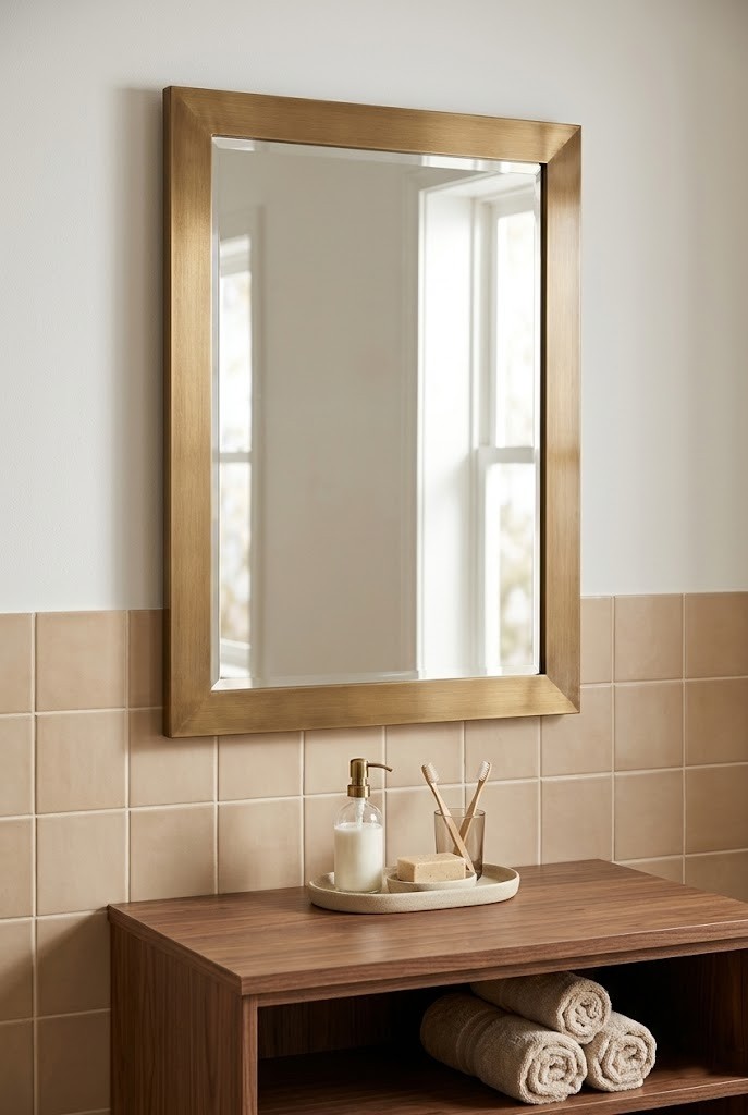 Brushed brass framed mirror above a vanity in a beige tile bathroom