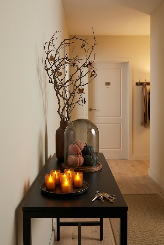 Narrow freestanding console table styled for Halloween in an apartment hallway, no wall mounting