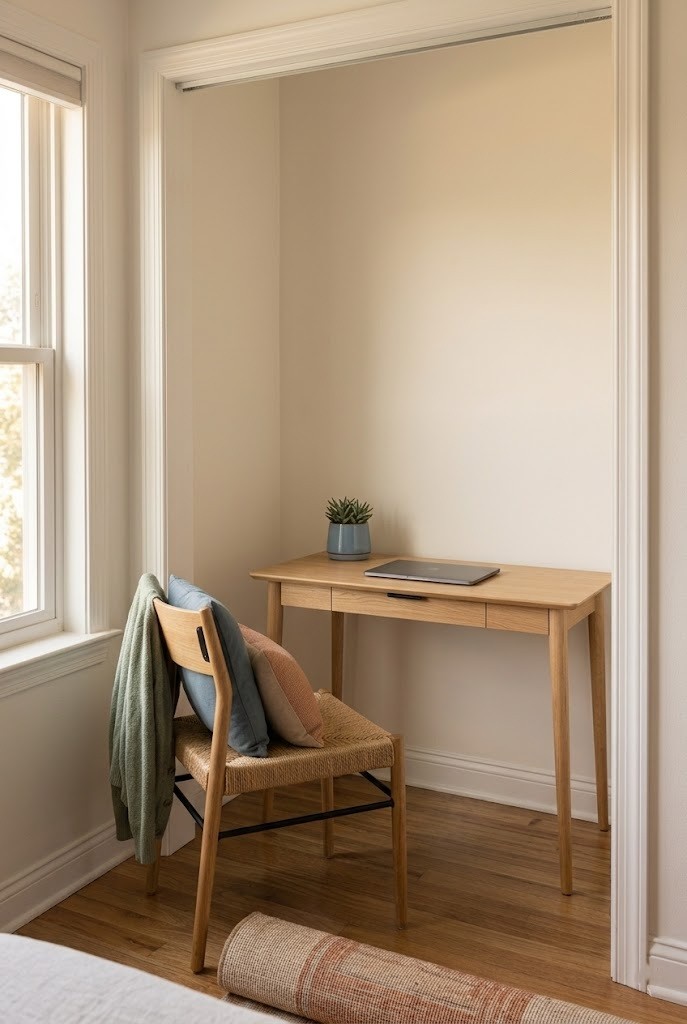 Narrow freestanding desk fitted inside a small rental closet