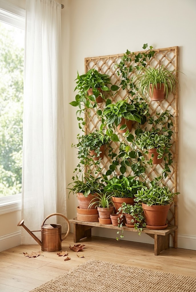 Freestanding trellis covered in trailing green plants standing against a living room wall