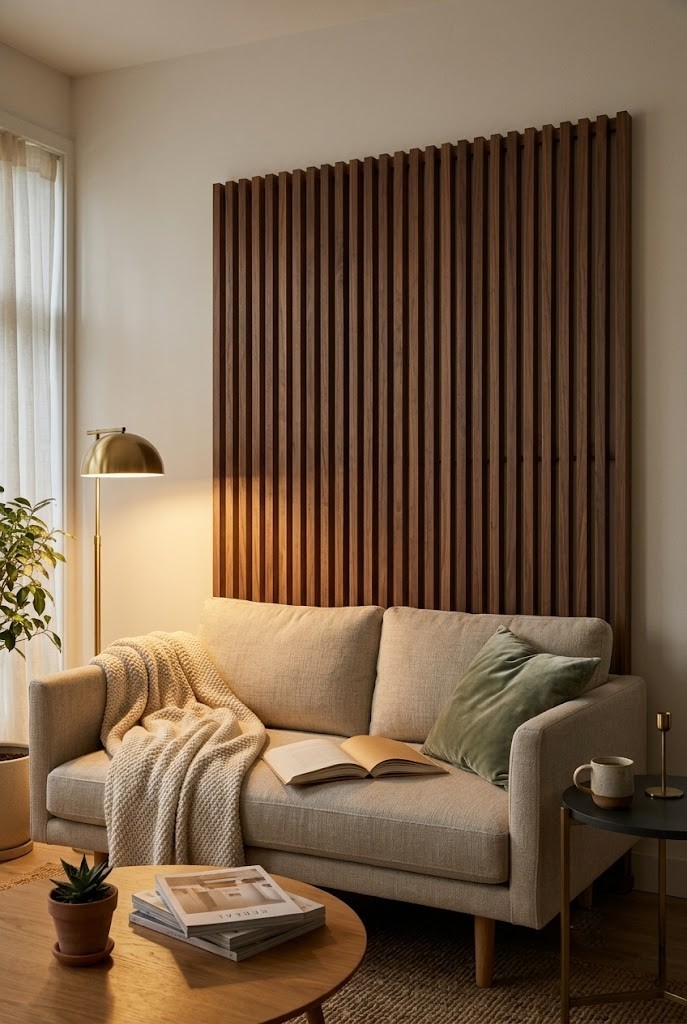 Freestanding wood-slat screen standing against the wall behind a living room sofa as a no-drill feature wall