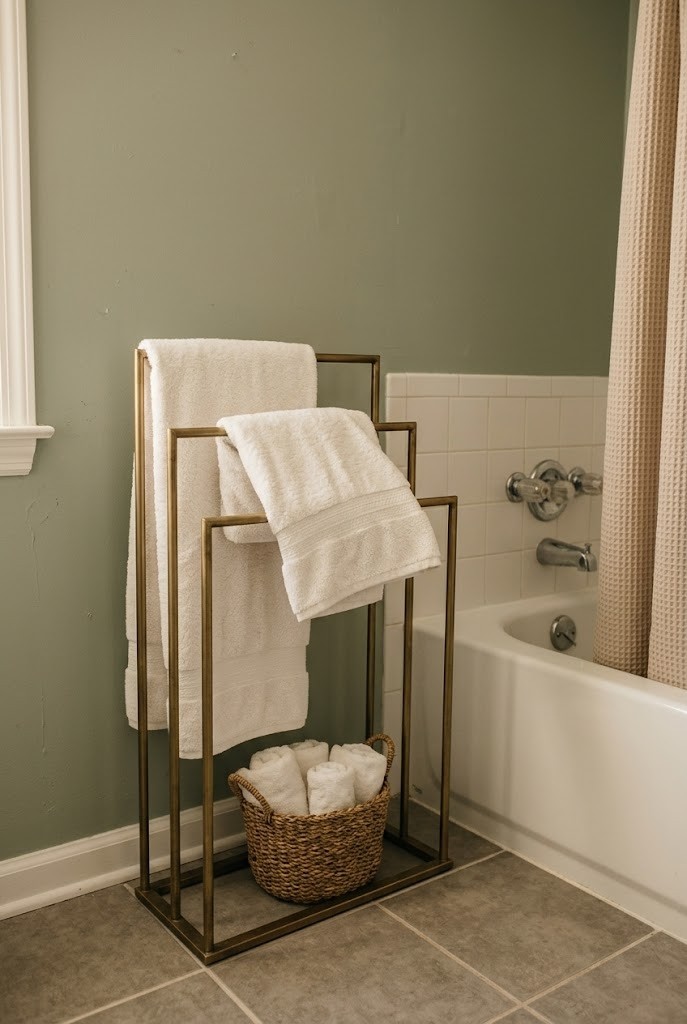 Freestanding floor towel stand replacing a drilled wall bar