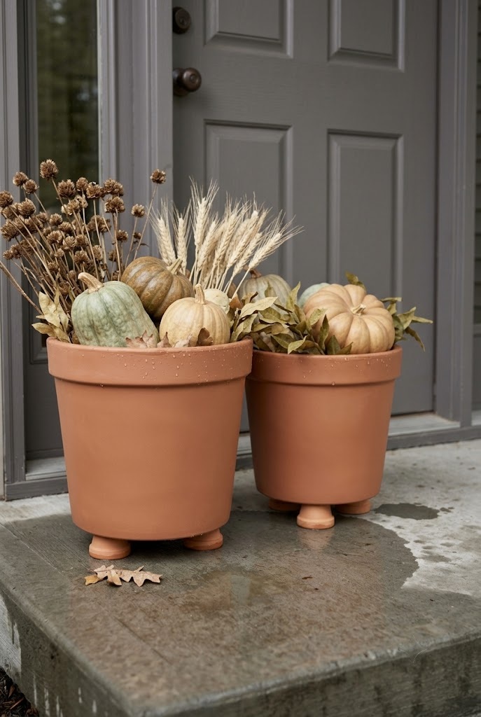 Terracotta-finish resin planters raised on pot feet on a damp concrete porch pad