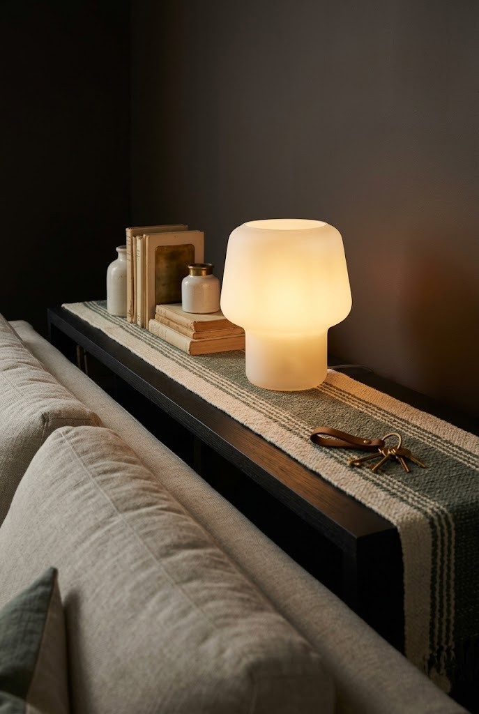 Frosted-glass table lamp glowing softly on a dark console behind a sofa in a dim living room