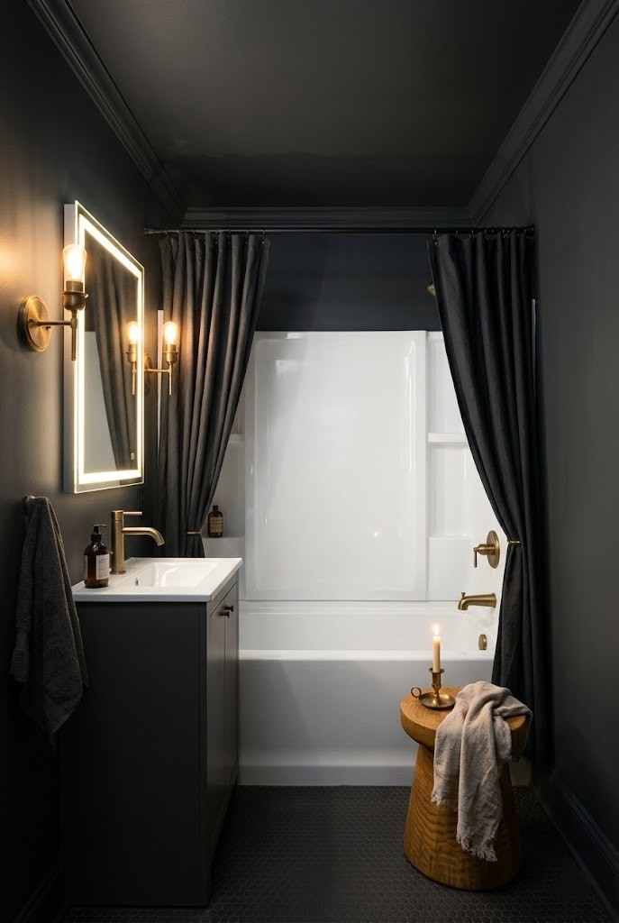 Full charcoal drenched small bathroom with a single white alcove tub