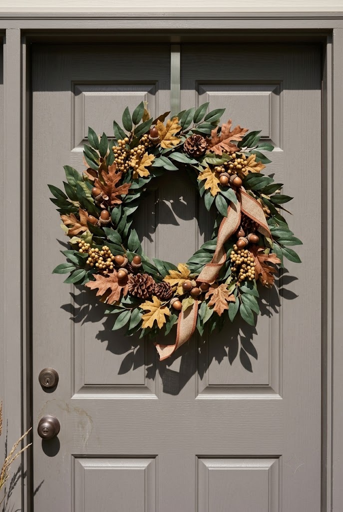 Faux fall wreath on an over-door hook on an uncovered exterior front door