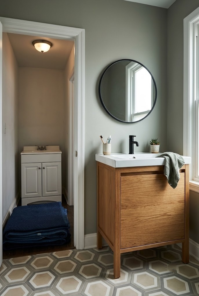 Wood replacement vanity installed in a rental bathroom with the original stored nearby