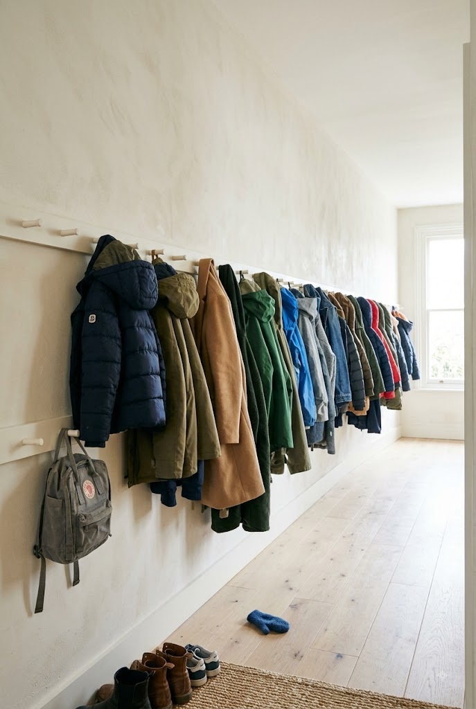 Full-wall peg rail entryway idea with evenly spaced pegs for a family