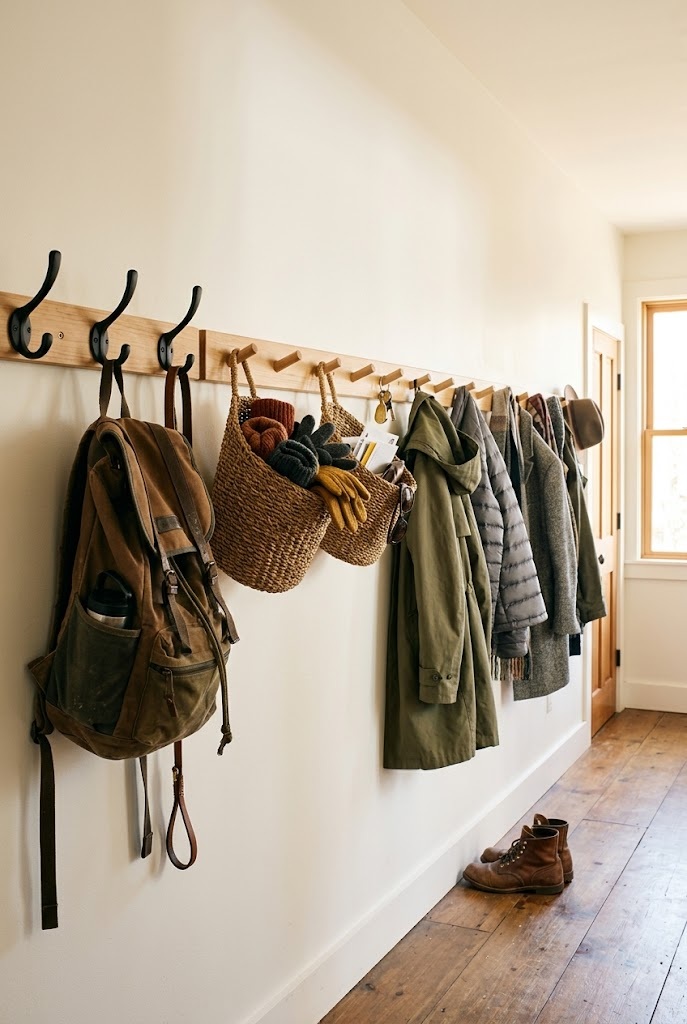 Full-wall peg rail mixing pegs, woven baskets, and metal hooks in an entry
