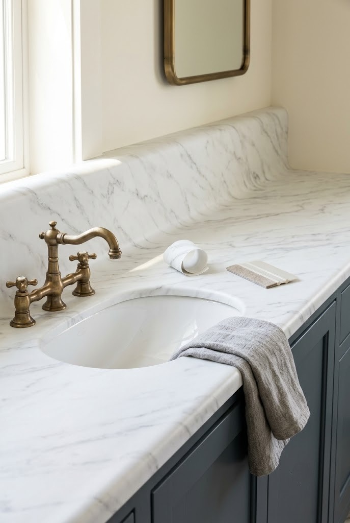 Marble vinyl wrapped across a bathroom vanity countertop and backsplash in one sheet