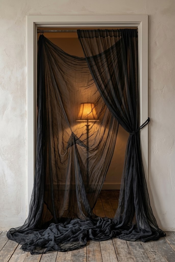 Black gauze tapestry curtain over an apartment door on a tension rod for a renter-safe Halloween entry