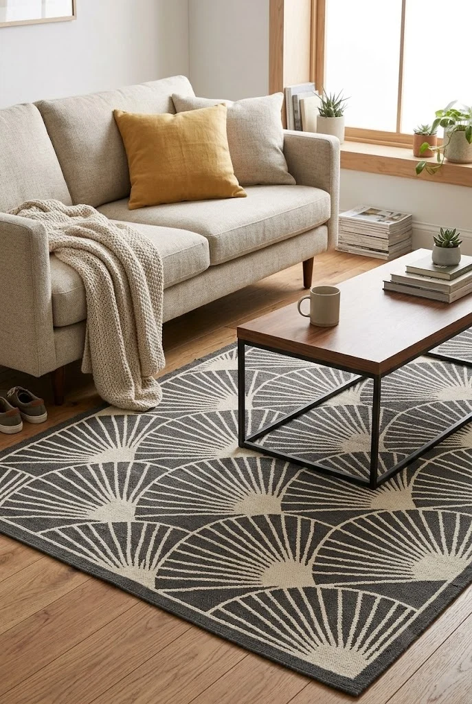Geometric fan-motif rug under a coffee table, a neo deco decor idea on a budget