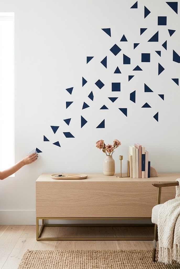 Matte navy geometric decals scattered across a white living room wall above a console