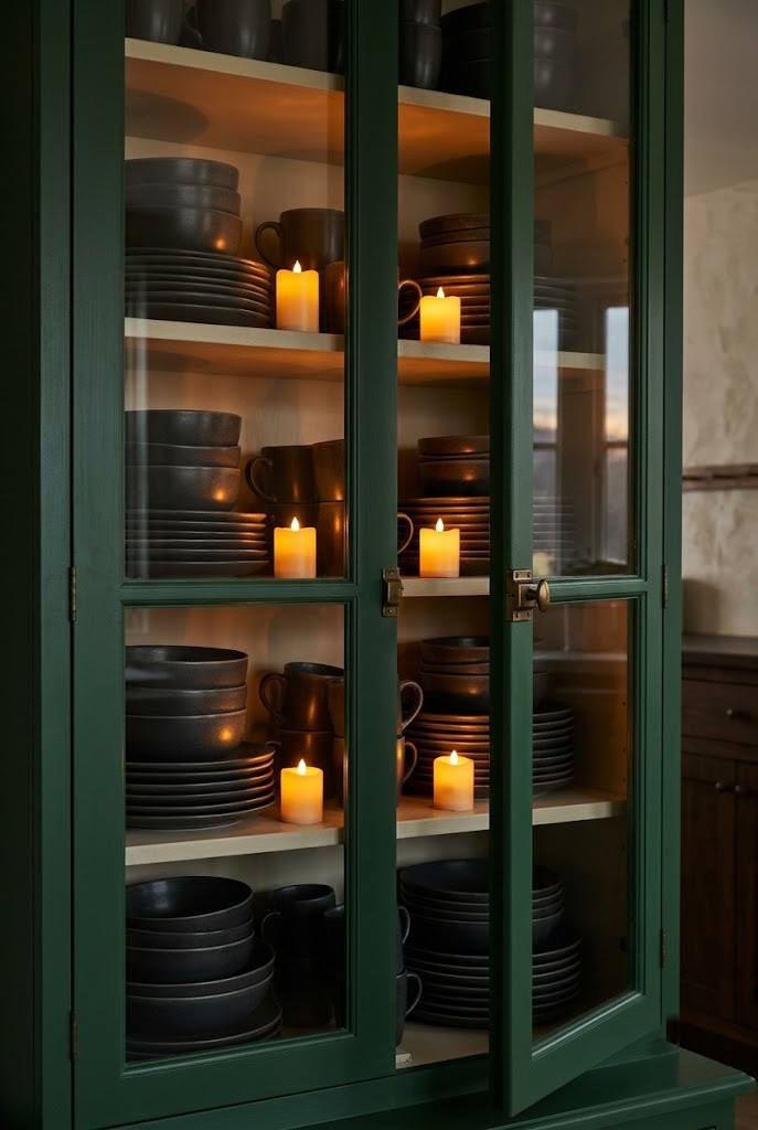 Glass-front kitchen cabinet glowing from within with warm flameless candlelight