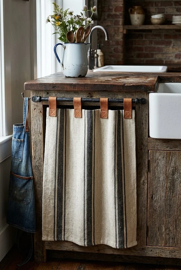 Grain sack stripe cabinet panel hung on leather tabs and an iron rod in a rustic kitchen