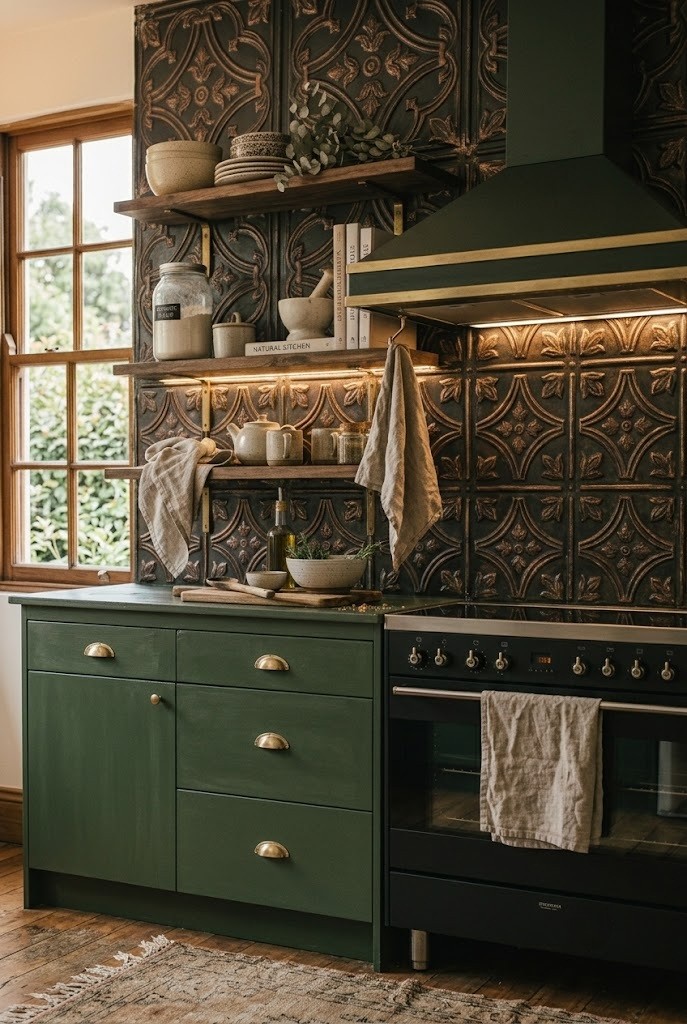 Dark cottagecore kitchen lower cabinets wrapped in matte forest-green removable vinyl