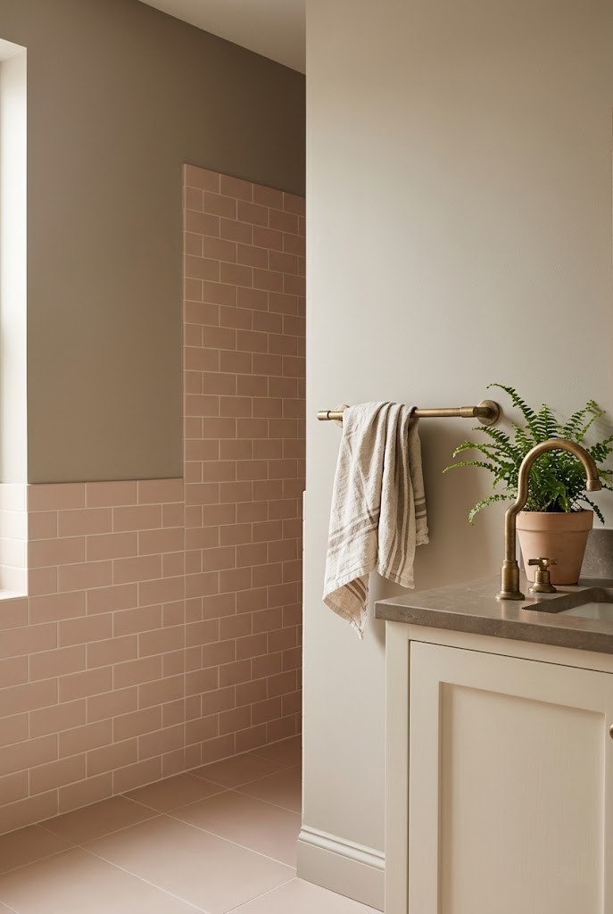 Warm greige walls paired with pink-beige bathroom tile in soft morning light