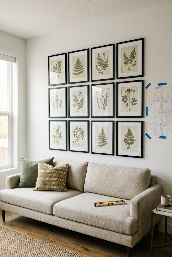 Tight grid gallery wall of matching black frames on a white living room wall above a sofa