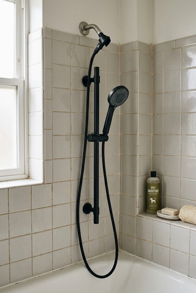 Arm-clamp handheld showerhead on a slide bar in a rental bathroom