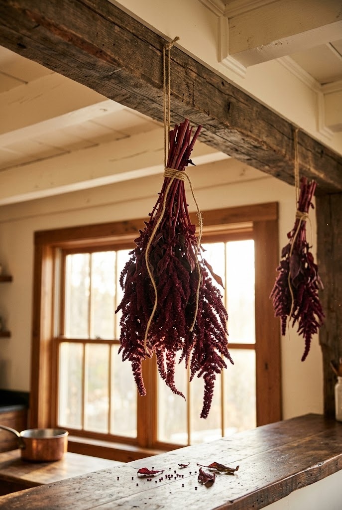Burgundy amaranth bunch hung upside down to dry from a wooden kitchen beam