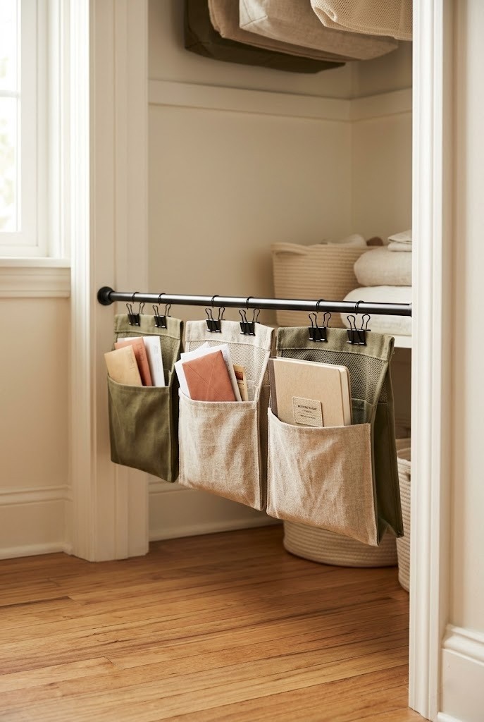 Clip-on file pockets on a low tension rod in a closet
