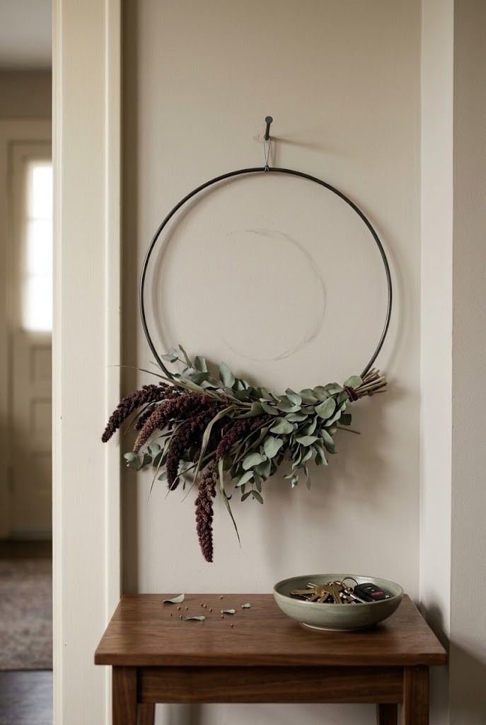 Metal hoop with plum millet and eucalyptus above a console, dried fall decor with no orange